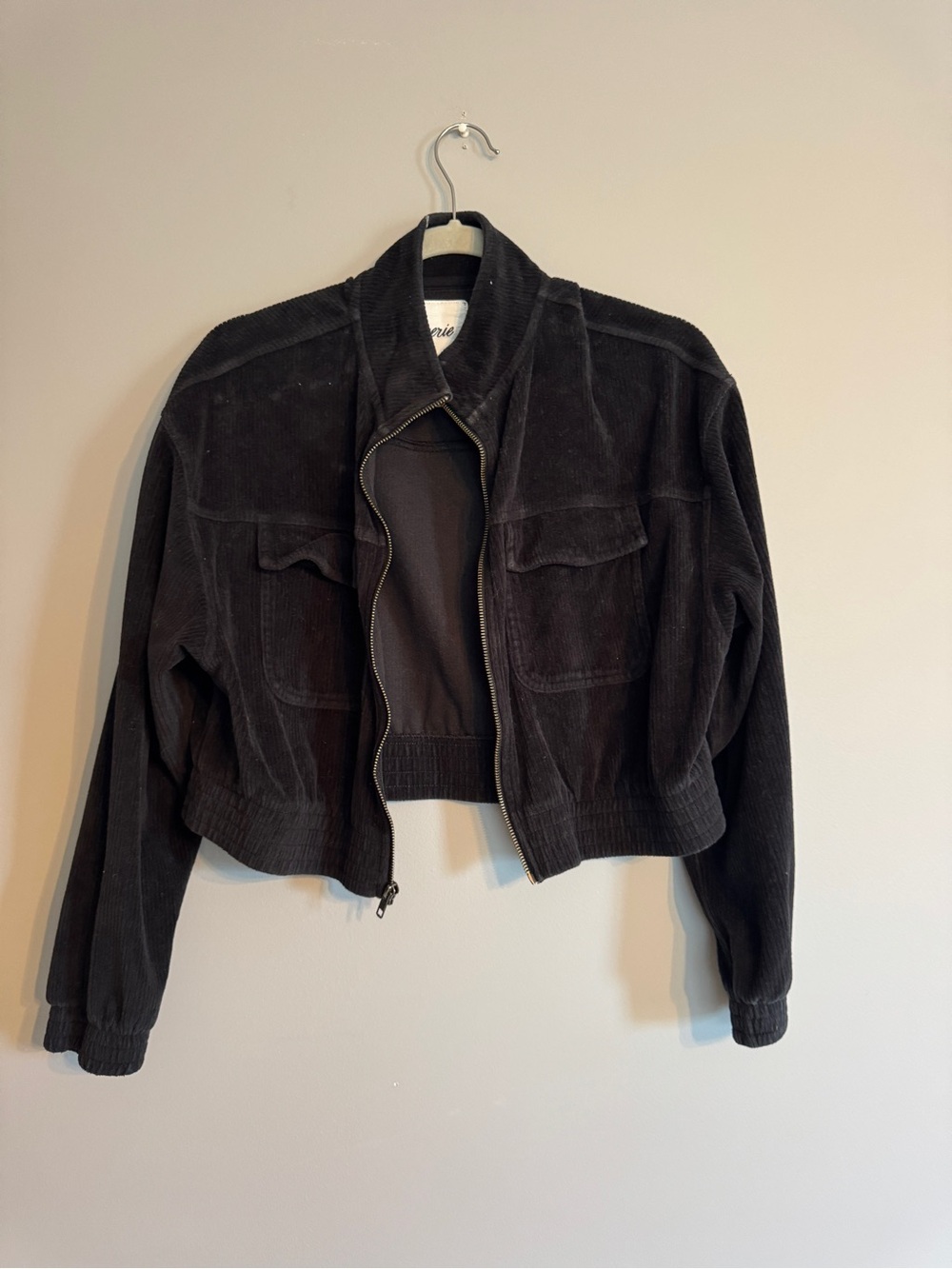 aerie Black Corduroy Zip-Front Bomber Jacket